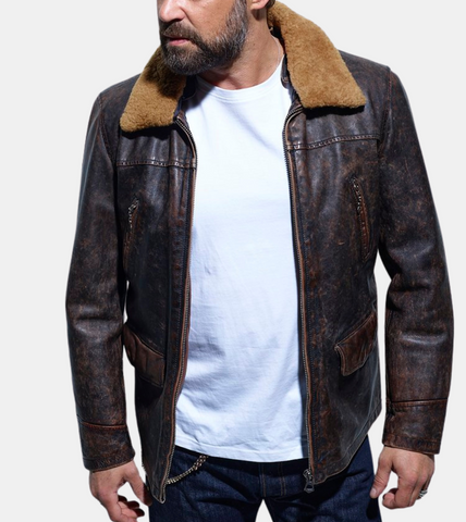Men's Brown Shearling Distressed Leather Jacket 