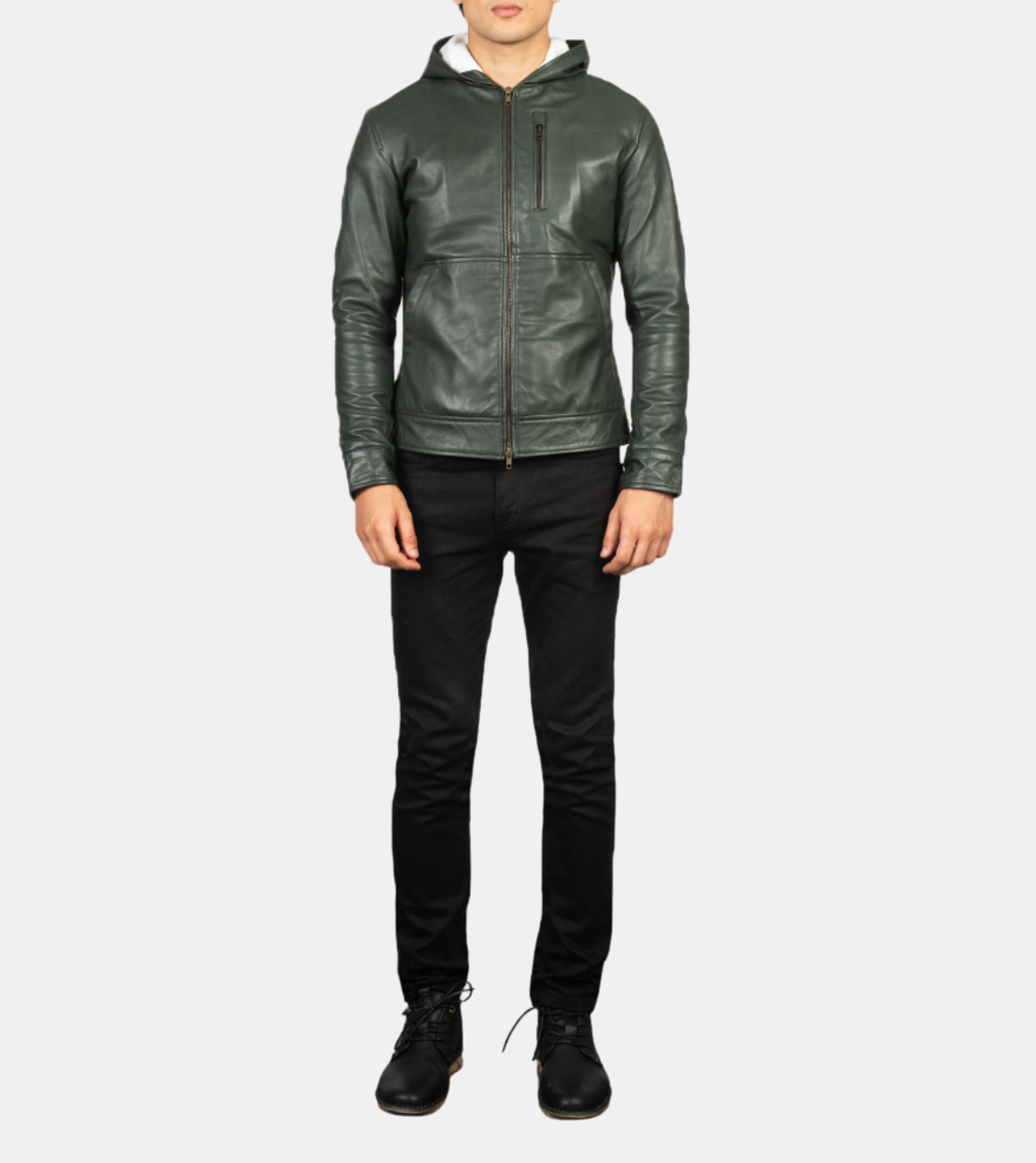 Men's Green Hooded Leather Jacket