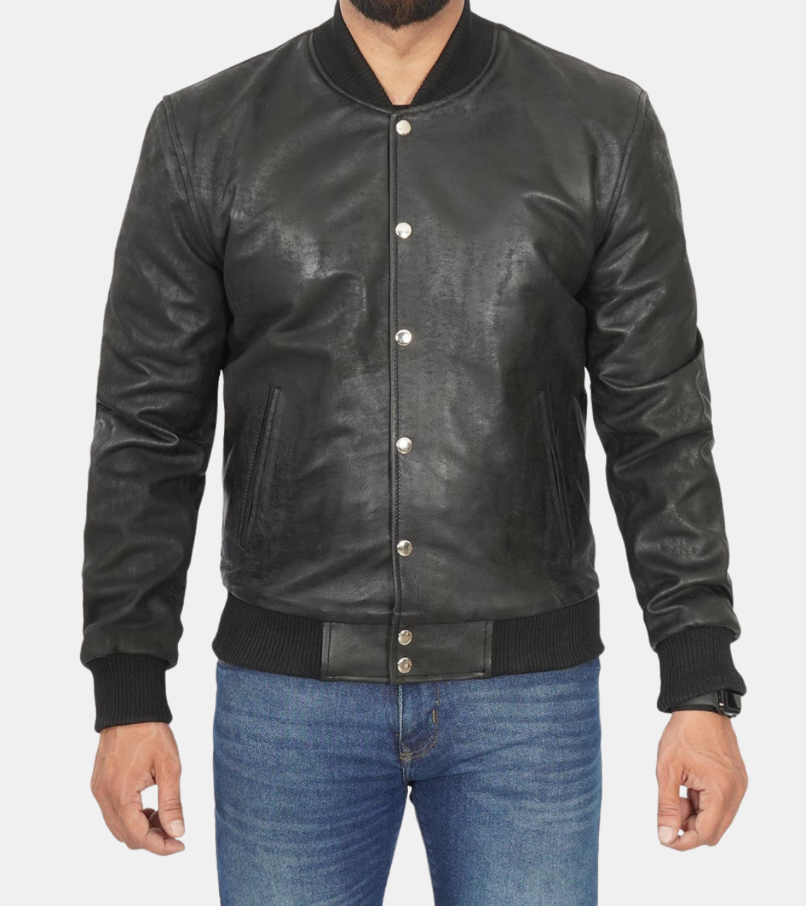 Jude Men's Black Bomber Leather Jacket Buttoned
