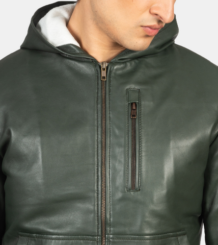 Iridess Green Hooded Leather Jacket For Men's