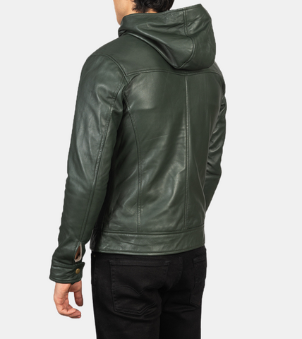 Iridess Men's Green Hooded Leather Jacket Back
