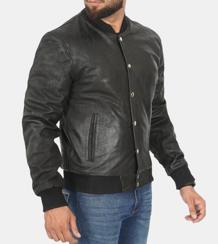 Jude Black Bomber Leather Jacket For Men's