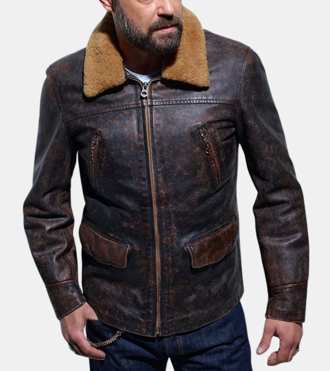  Willown Men's Brown Shearling Distressed Leather Jacket 