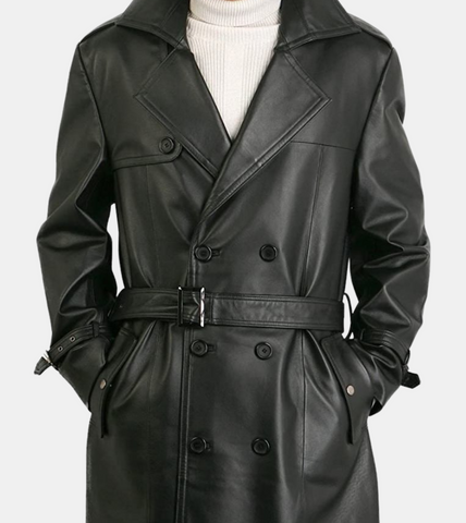  Men's Black Leather Trench Coat