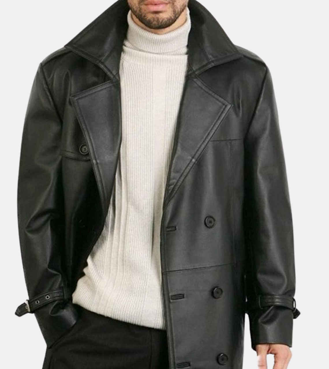 Esterz Men's Black Leather Trench Coat