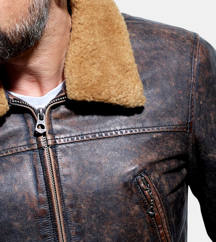  Willown Brown Shearling Distressed Leather Jacket For Men's