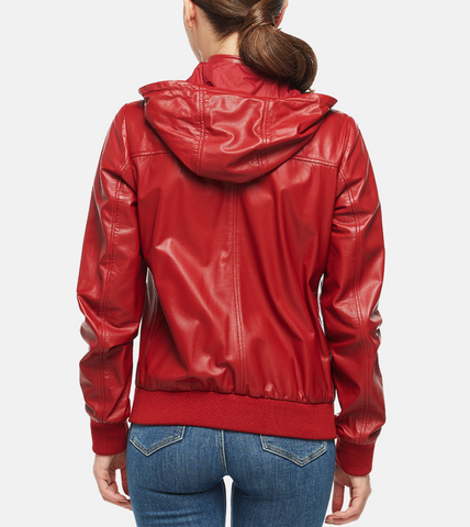 Red Women's Leather Bomber Biker Jacket Back