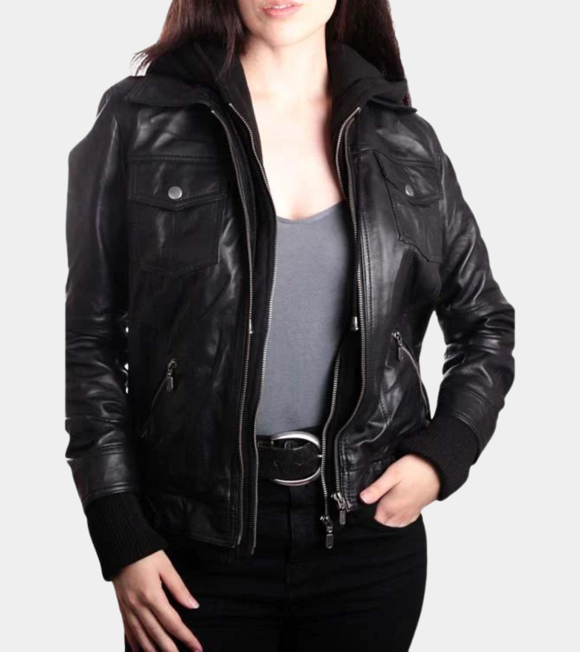 Black Hooded Bomber Leather Jacket for women