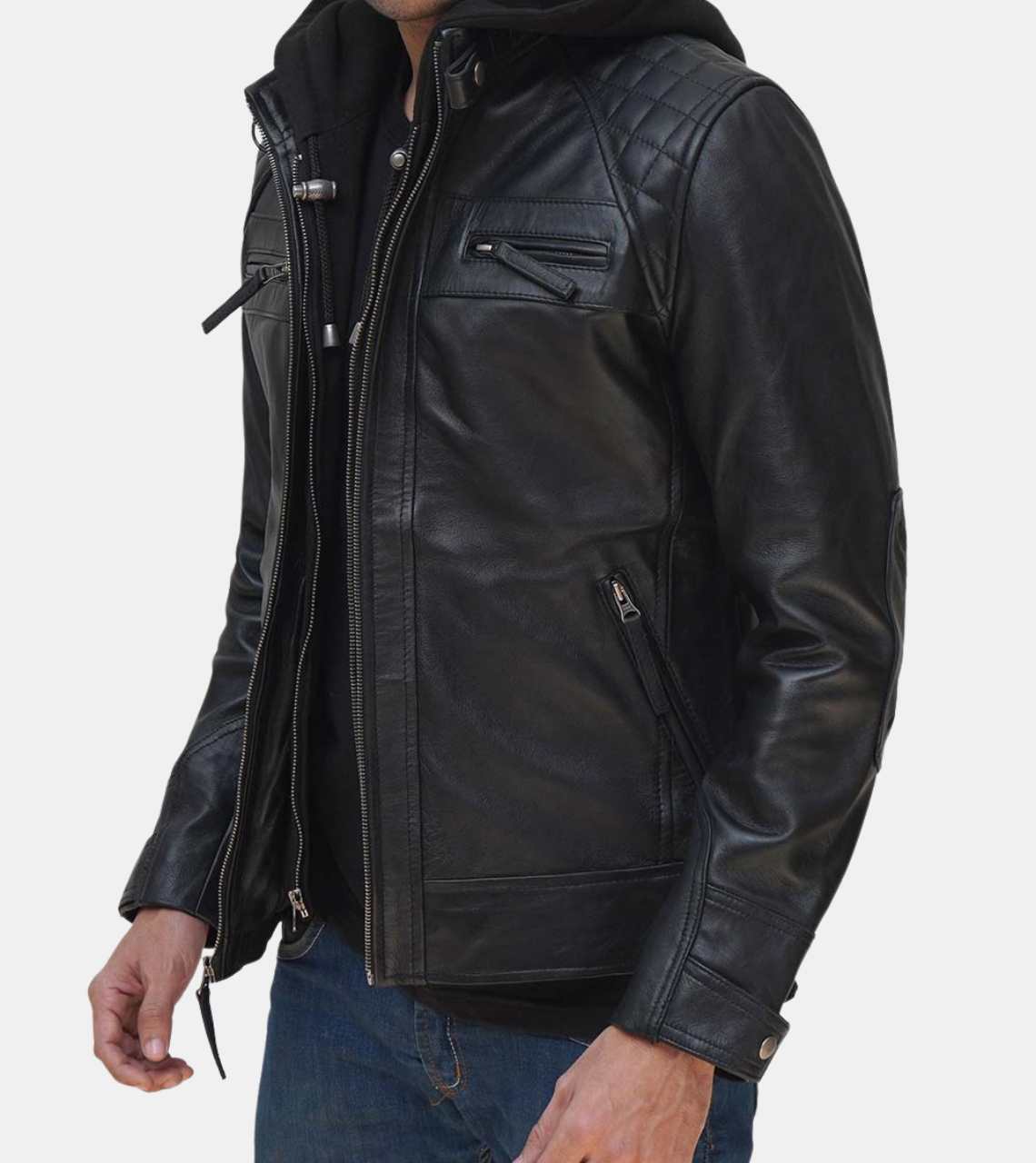 Men's Black Hooded Leather Jacket