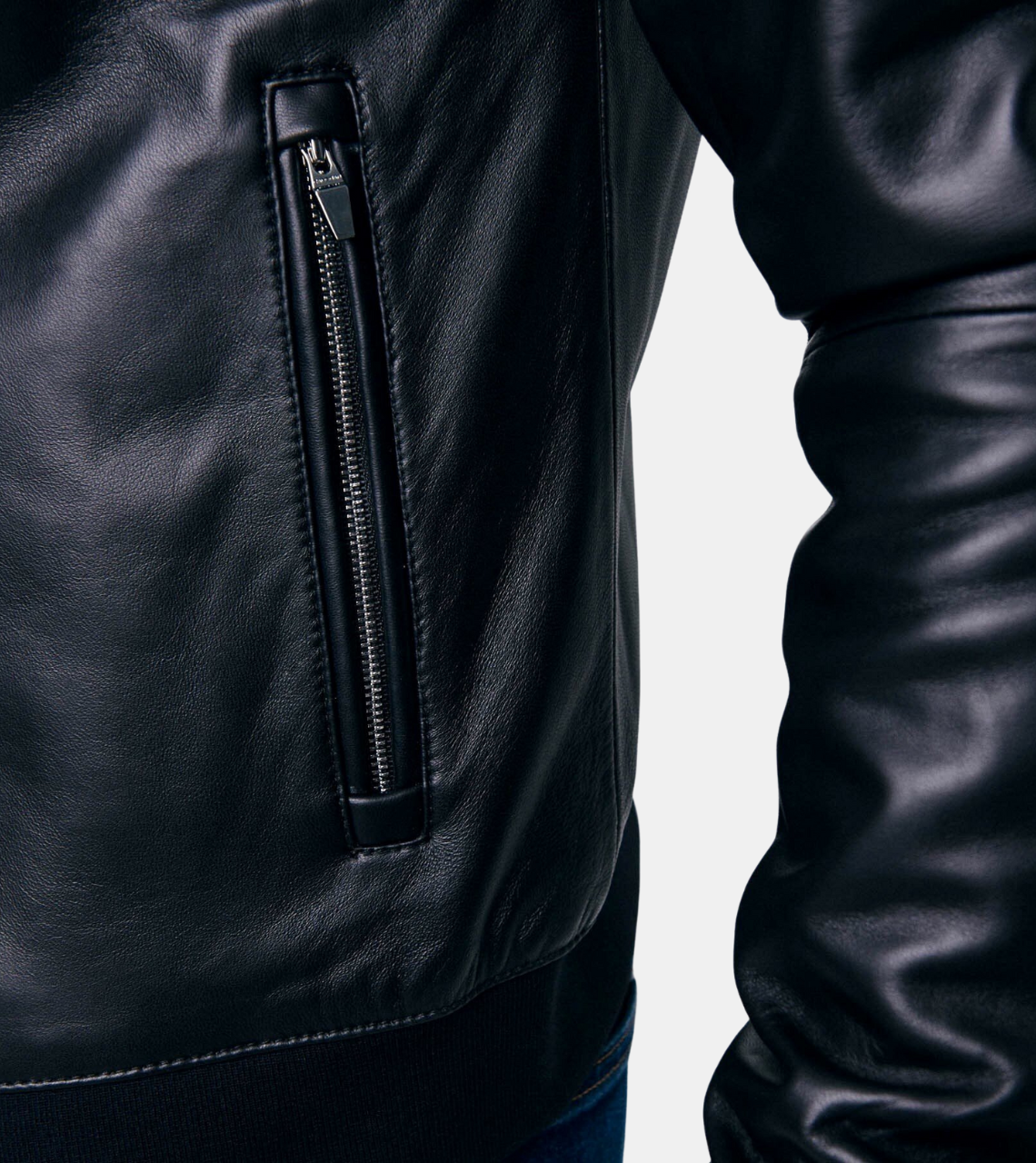 Clifer Men's Black Bomber Leather Jacket Pocket
