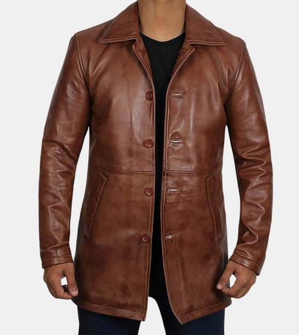 Quentin Men's Brown Distressed Leather Coat