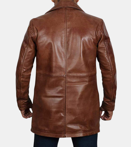 Quentin Men's Brown Distressed Leather Coat Back