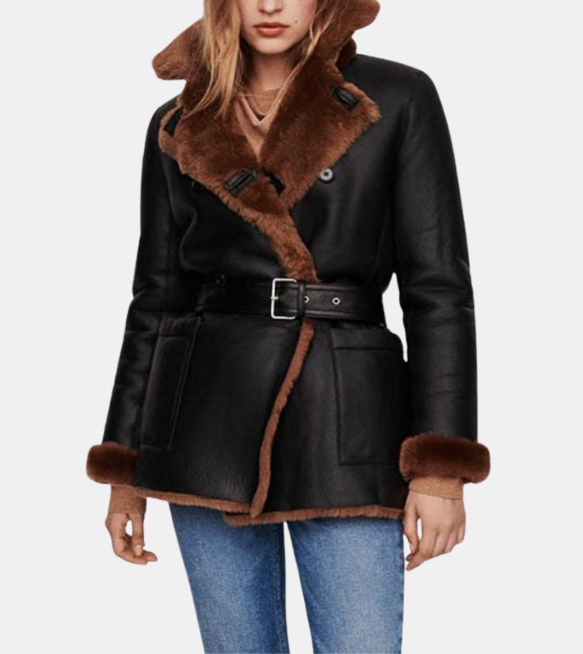 Brexley Women's Black Bomber Shearling Leather Coat