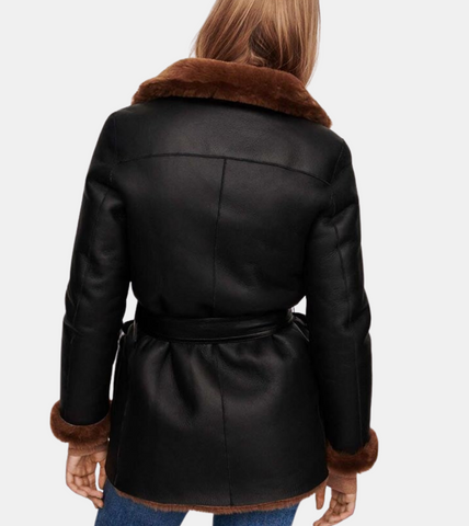 Brexley Women's Black Bomber Shearling Leather Coat Back