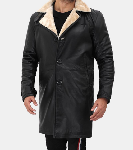  Men's Black Shearling Leather Coat