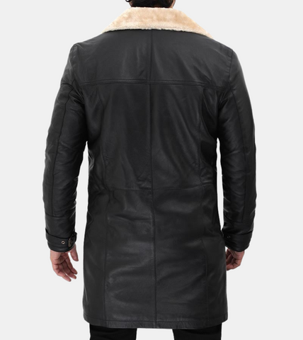 Leander Men's Black Shearling Leather Coat Back