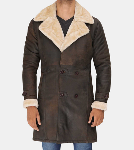  Rebel Men's Brown Bomber Shearling Leather Coat 