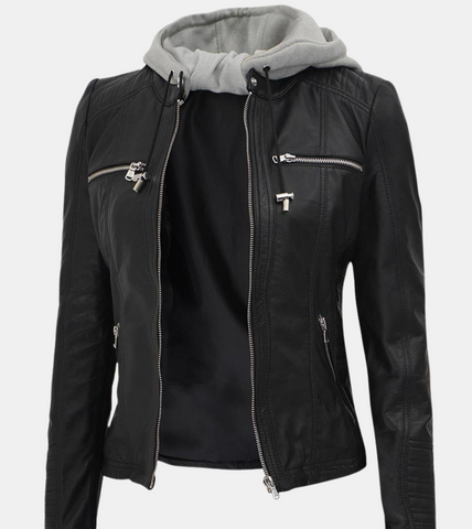 Ramona Removable Hooded Black Leather Jacket For Women's