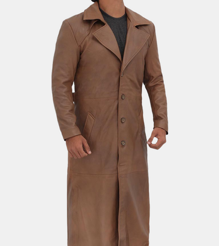 Men's Tan Brown Leather Trench Coat