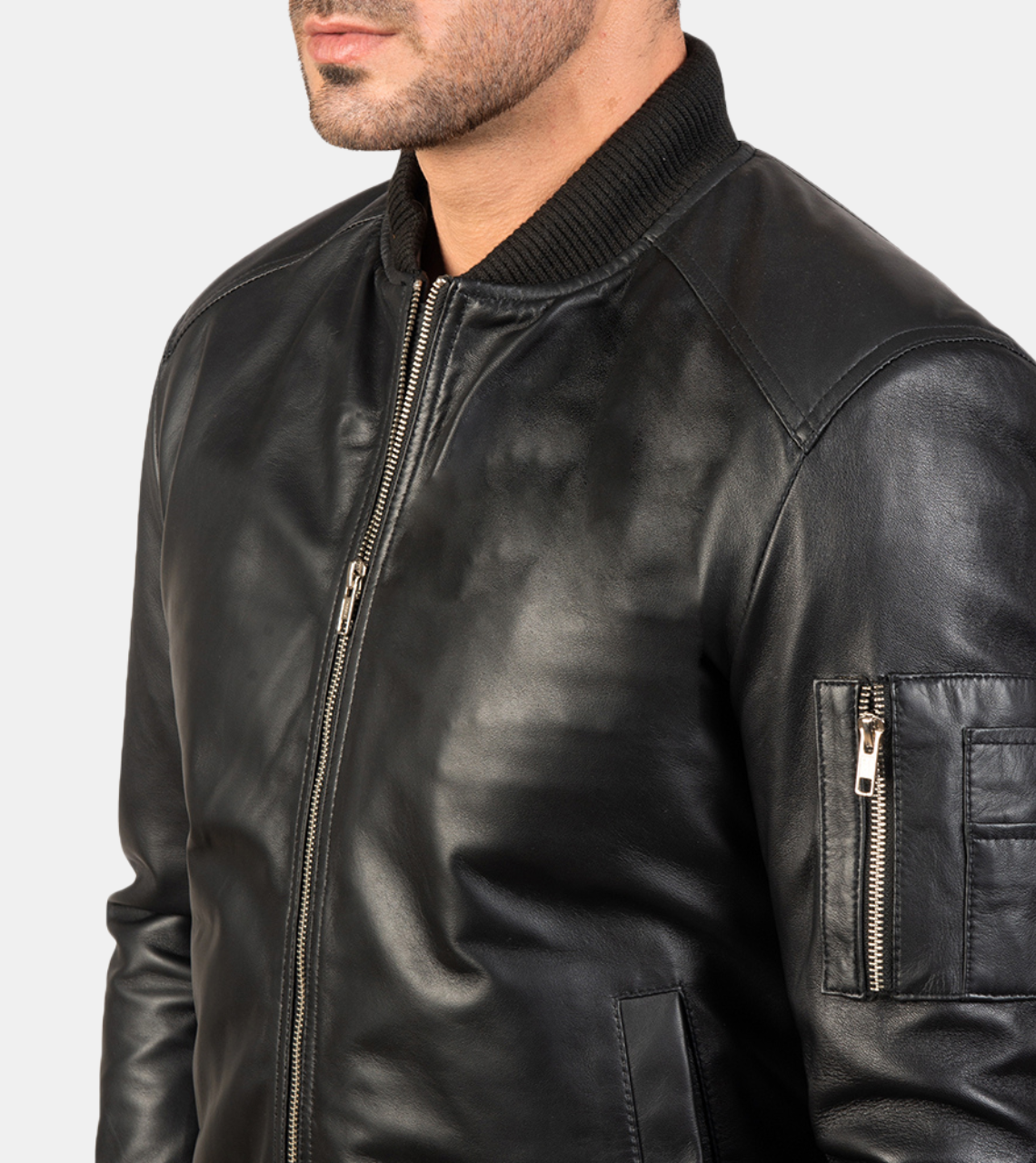 Wolston Black Bomber Leather Jacket For Men's