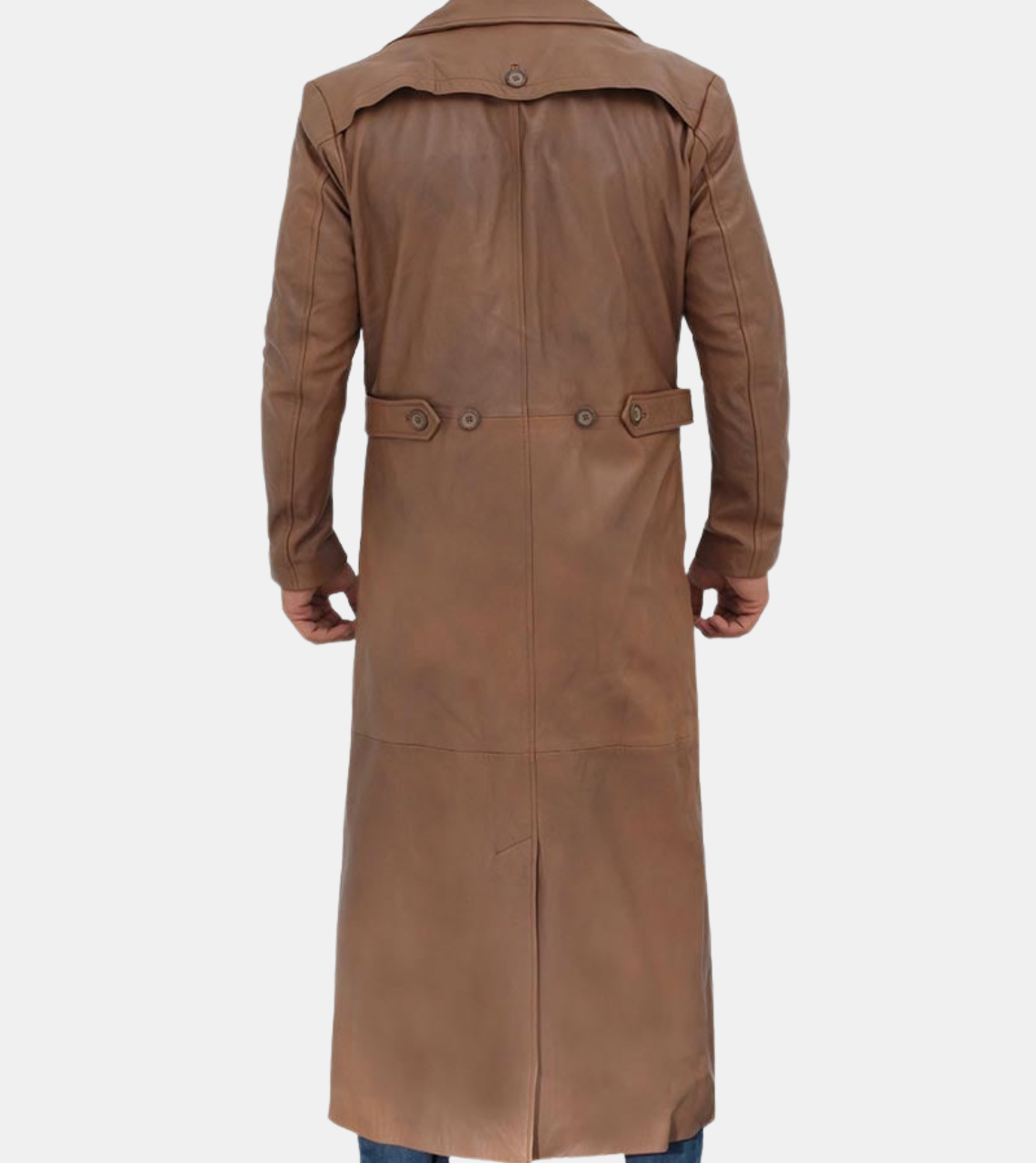 Rier Men's Tan Brown Leather Trench Coat Back
