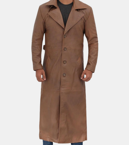 Rier Men's Tan Brown Leather Trench Coat