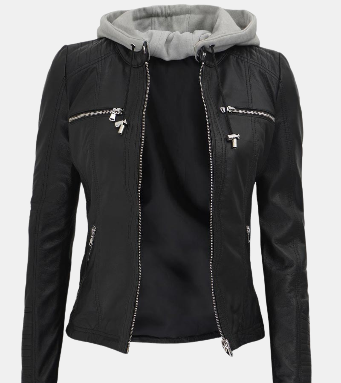 Women's Removable Hooded Black Leather Jacket