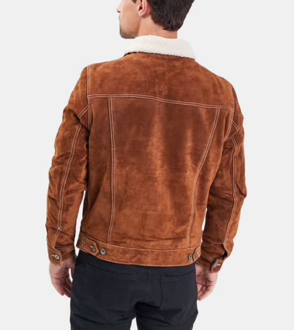 Cassius Men's Brown Shearling Suede Leather Jacket  Back