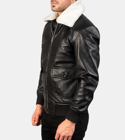 Bledsoe Black Bomber Shearling Leather Jacket For Men's