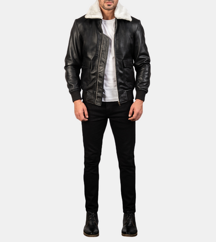 Men's Black Bomber Shearling Leather Jacket