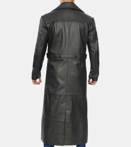 Indy Men's Black Leather Trench Coat Back