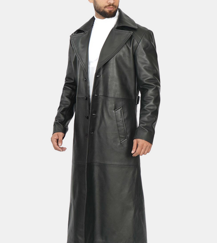 Men's Black Leather Trench Coat