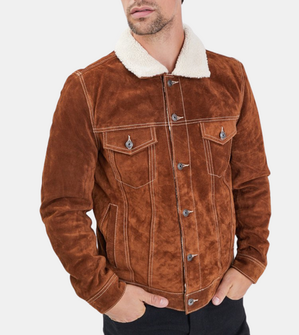 Men's Brown Shearling Suede Leather Jacket 