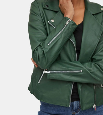 Green Biker Leather Jacket For Women's