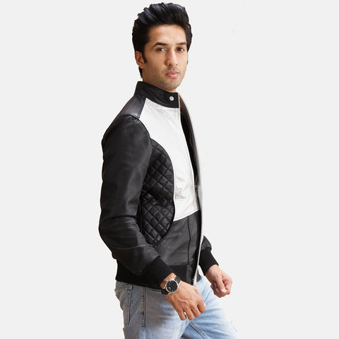 Spade Silver Black Leather Bomber Jacket For Men's