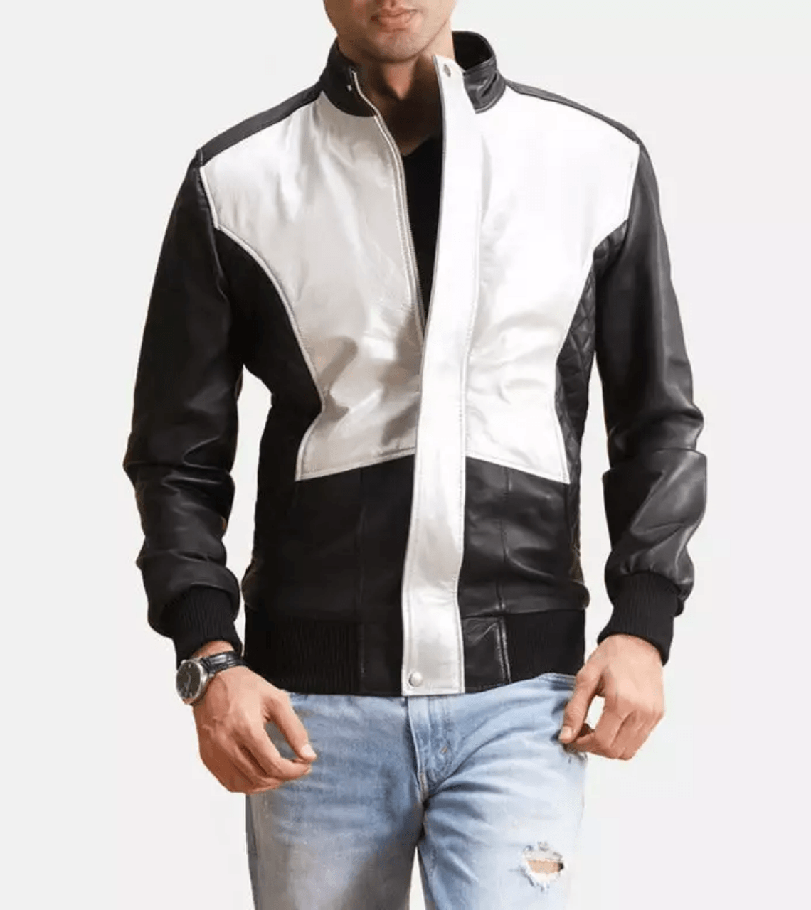 Spade Silver Black Leather Bomber Jacket