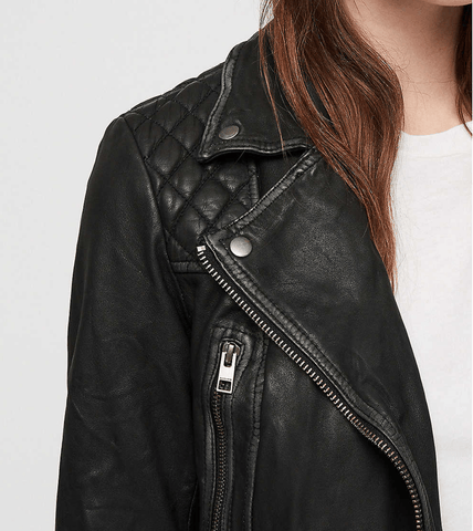 Women’s Distressed Black Leather Biker Jacket Zipper