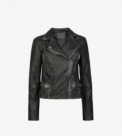 Women’s Distressed Black Leather Biker Jacket Zippered