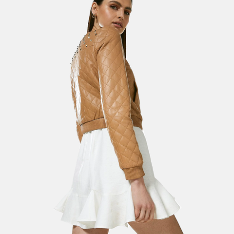 Tan beige Bomber Leather Jacket for women