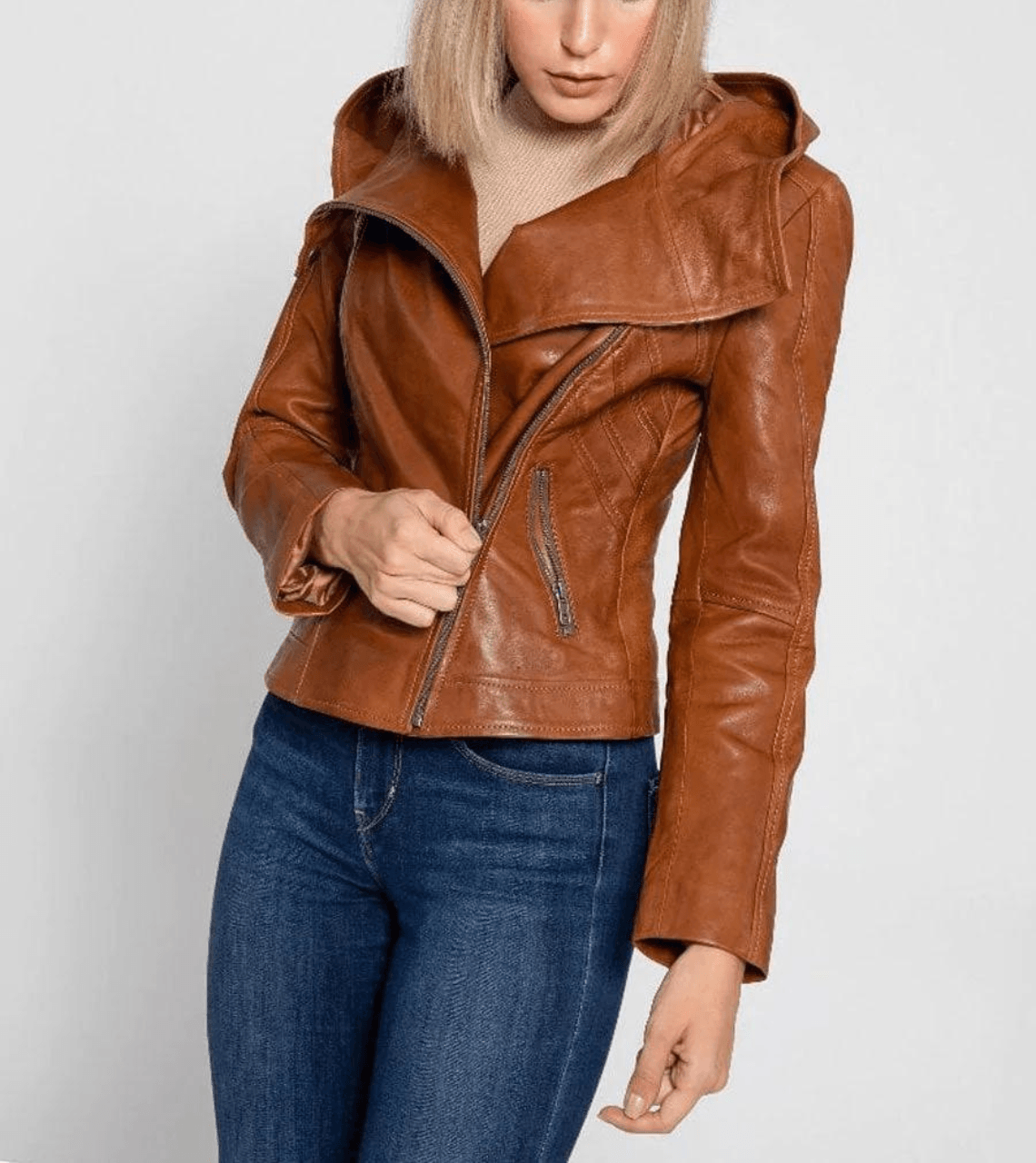 Women’s Tan Brown Leather Hooded Biker Jacket
